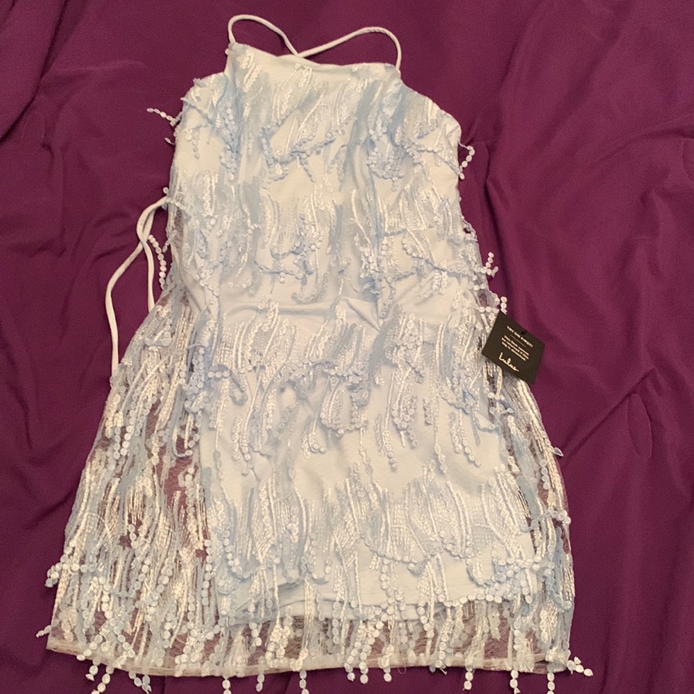 Making Magic Light Blue Fringe Lace-Up Mini Dress NWT size L